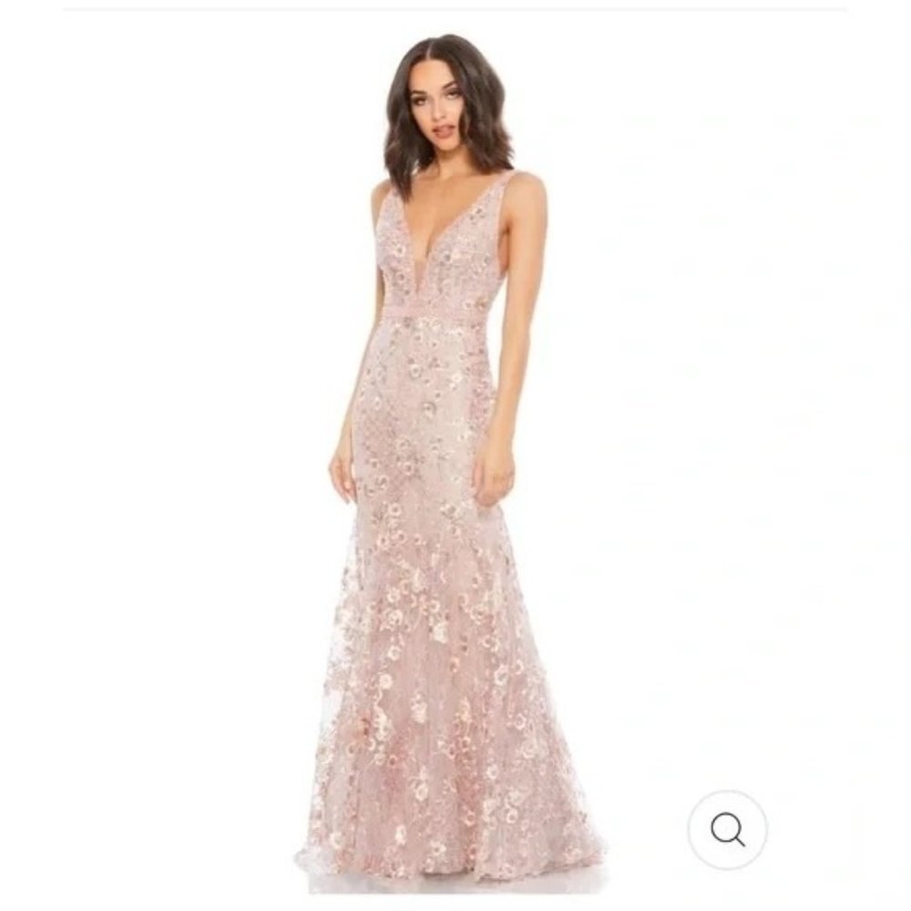 Mac Duggal 67481 Gown Floral Sequin Sleeveless Plunge Neck  A -Line Size 8 Pink